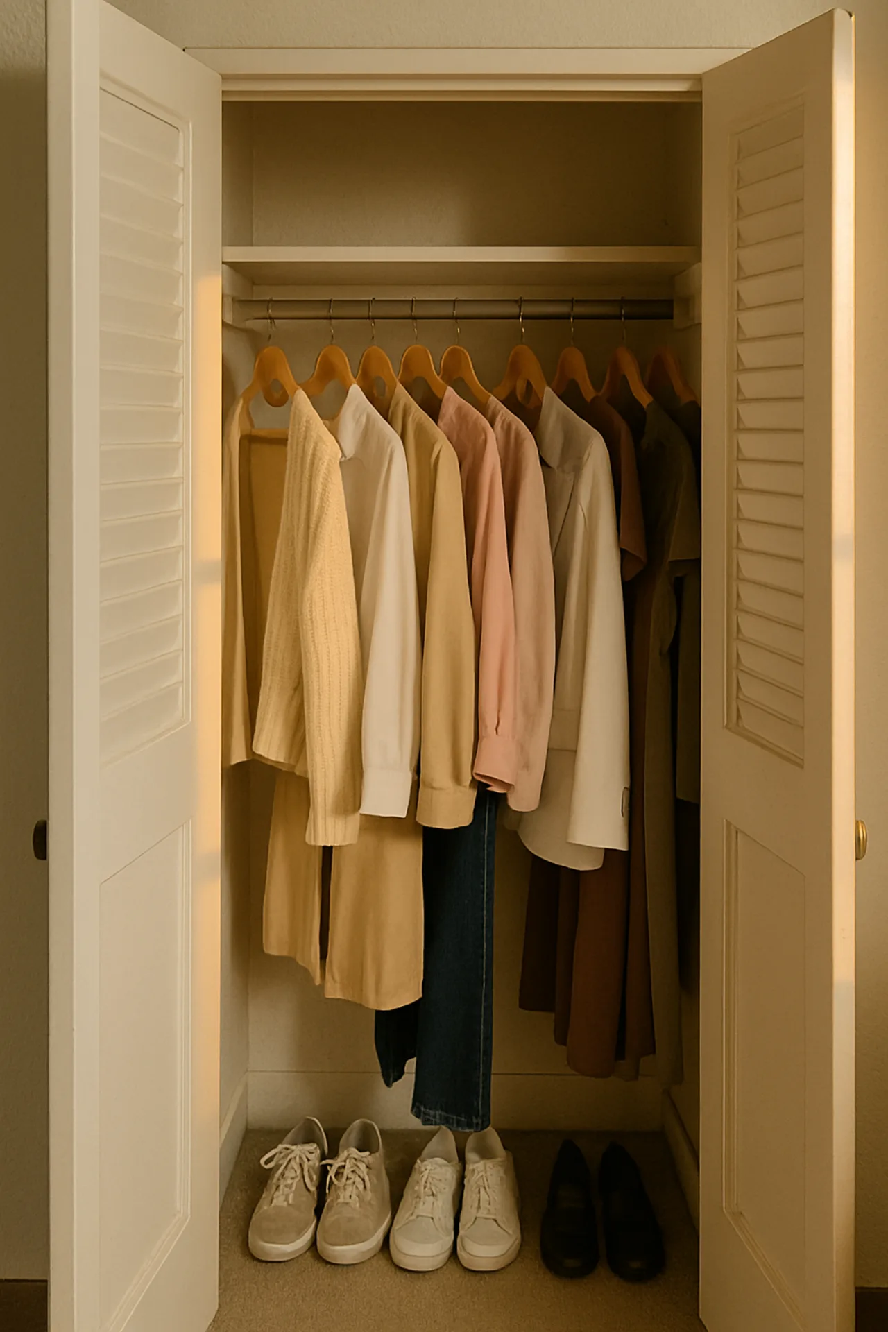 Dorm closet with hanging clothes