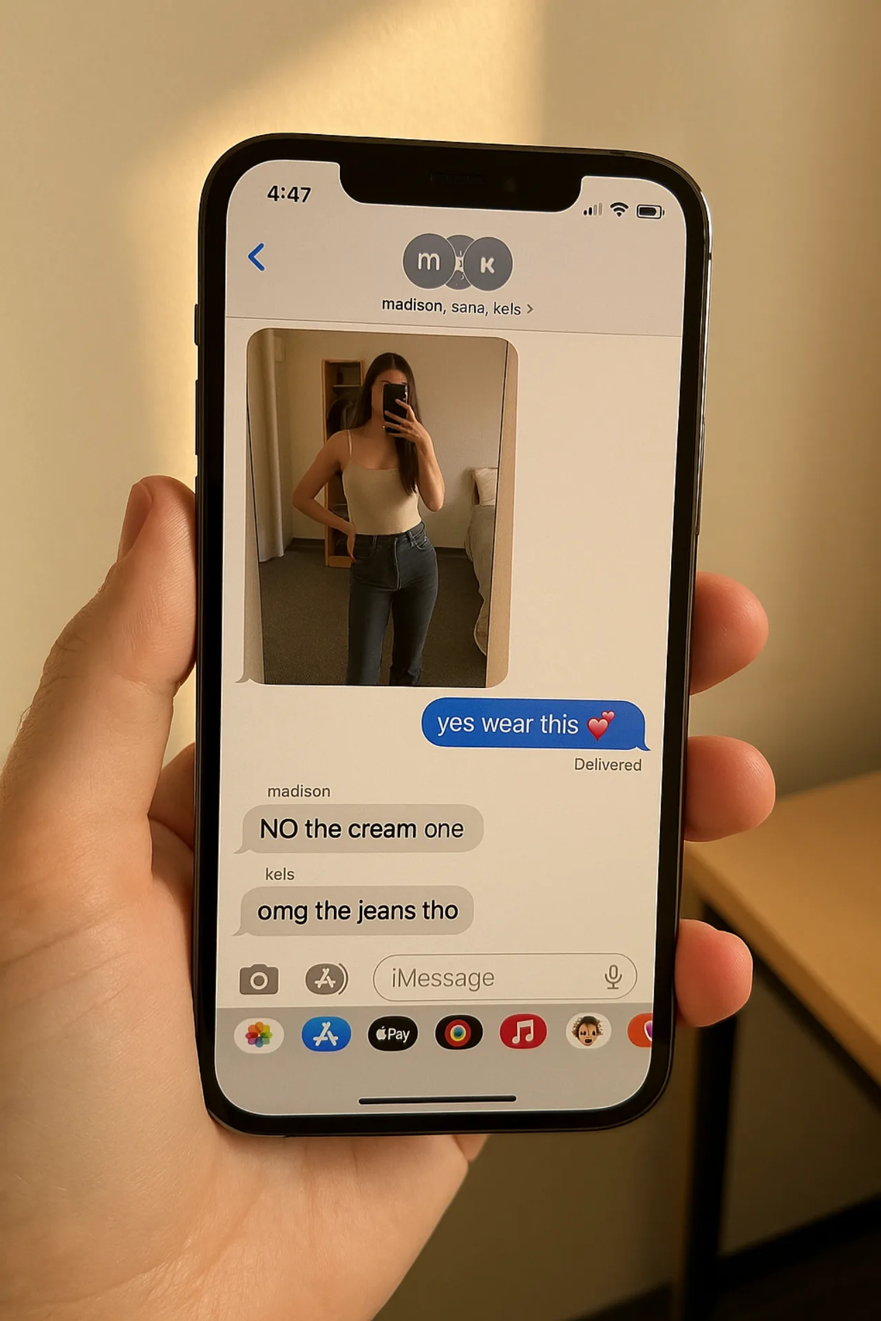 iPhone with group-chat reactions to a fit check